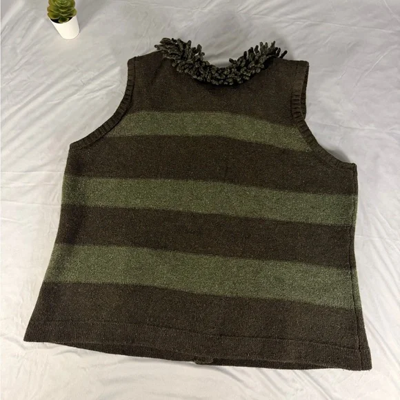 Woolrich 100% Lambs Wool Green Stripe Fringe Collar Button Up Vest - XXL - Picture 2 of 8